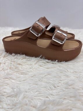 Lemon Jelly Platform Sandals Bronze Double Buckle Slides EU 37 US 6.5